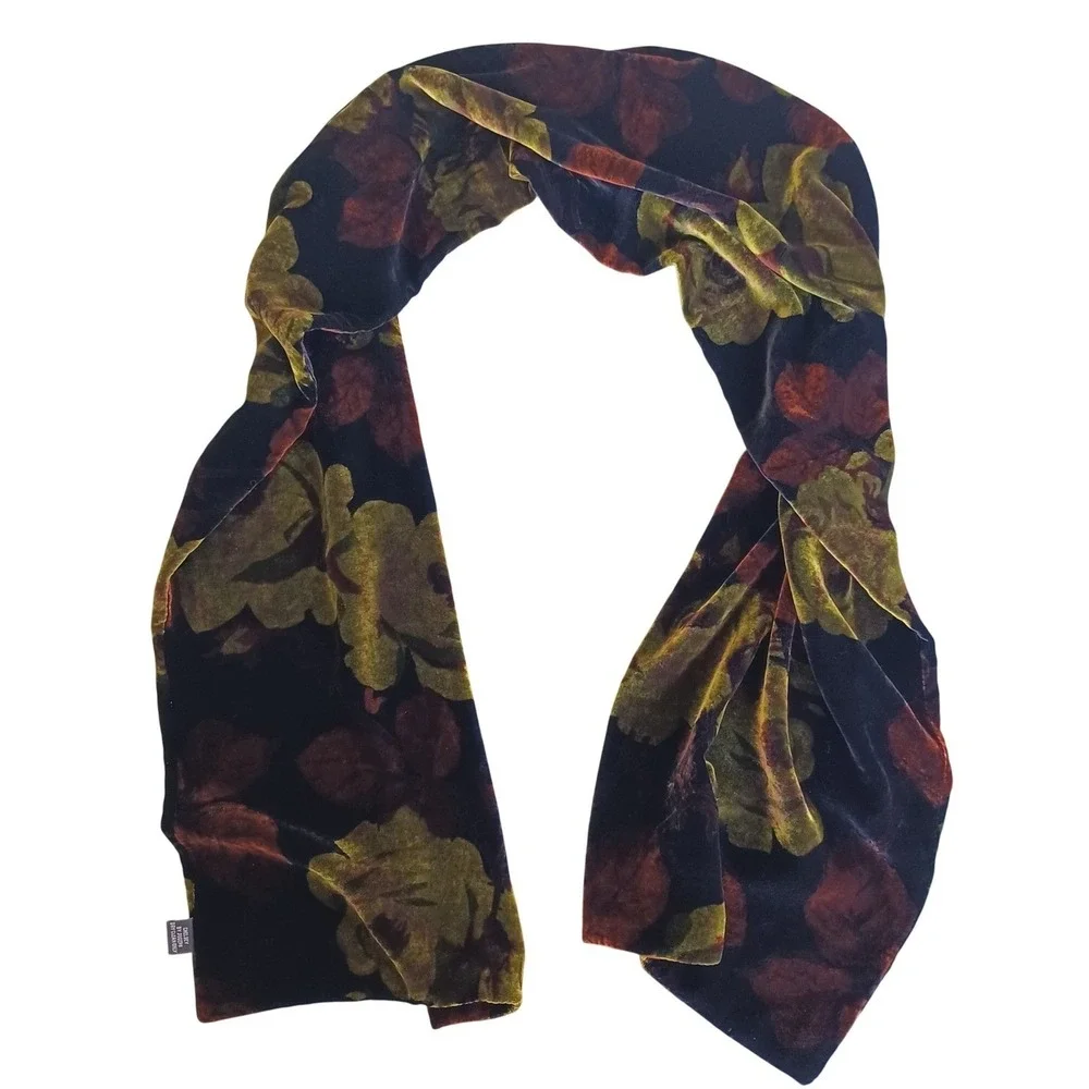 Chelsey by Joseph Womens Velvet Scarf Silk Blend Floral Rose‎ Black Green 56x10